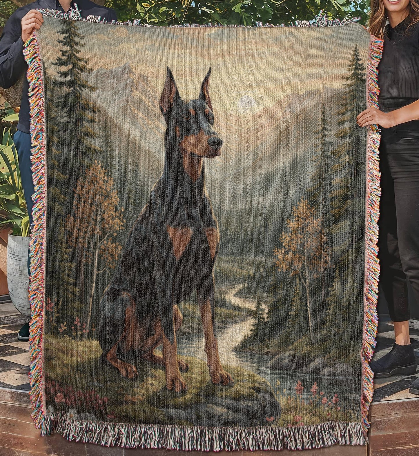 Doberman in the Mountain Valley – Woven Cotton Protector's Blanket Pet Lover Gifts