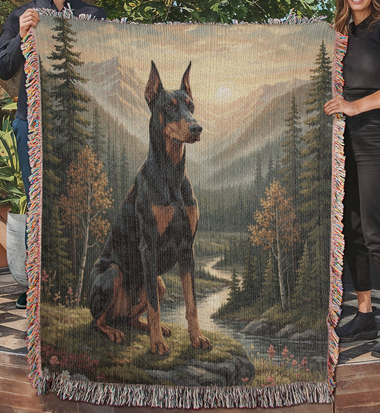 Doberman in the Mountain Valley – Woven Cotton Protector's Blanket Pet Lover Gifts