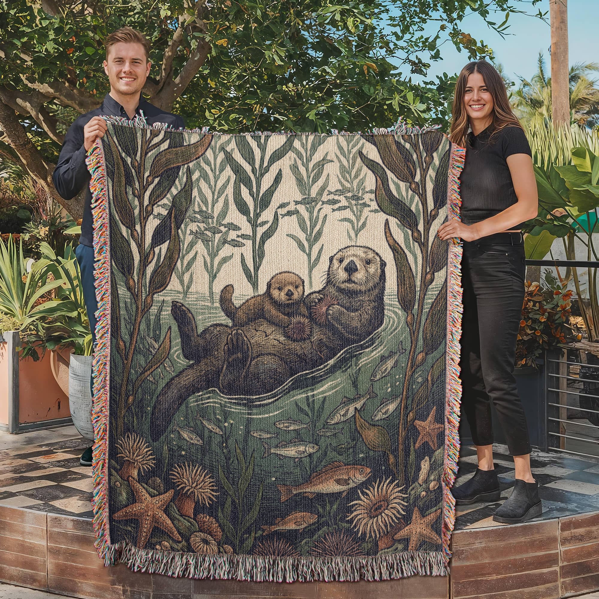 Sea Otter & Kelp Forest Woven Tapestry Throw | Vintage Style Cotton Blanket
