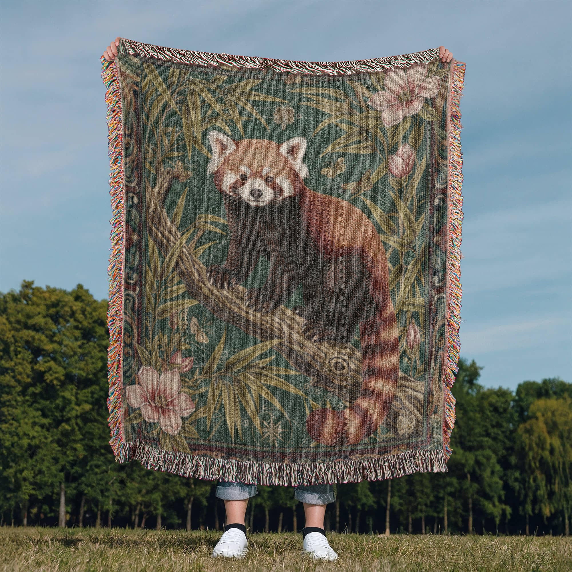 Red Panda in Bamboo Garden – Woven Cotton Woodland Throw  Blanket Tapestry