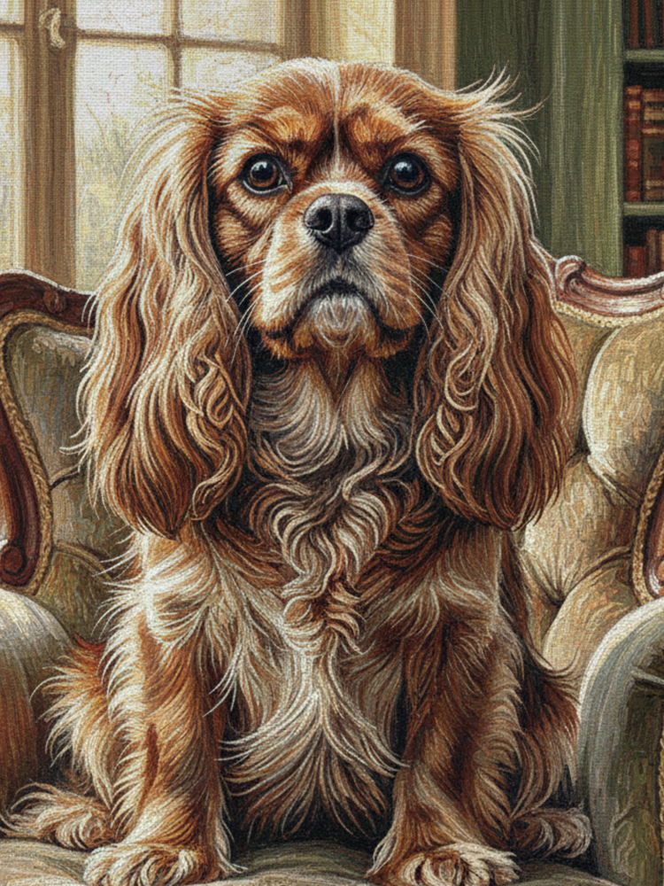 Cavalier in the Old Library – Woven Cotton Heritage Blanket Pet Lover Gifts