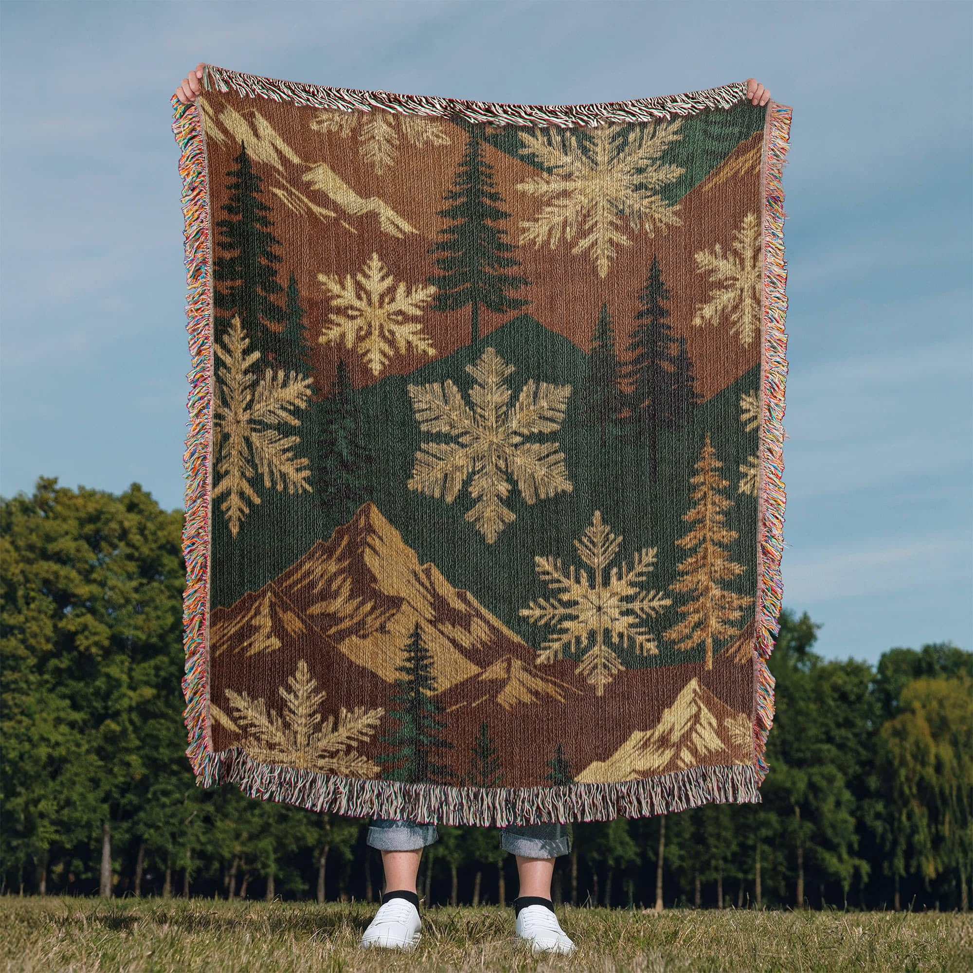 Alpine Snowfall Woven Blanket – Mountain Lodge Winter Design Travel Gifts