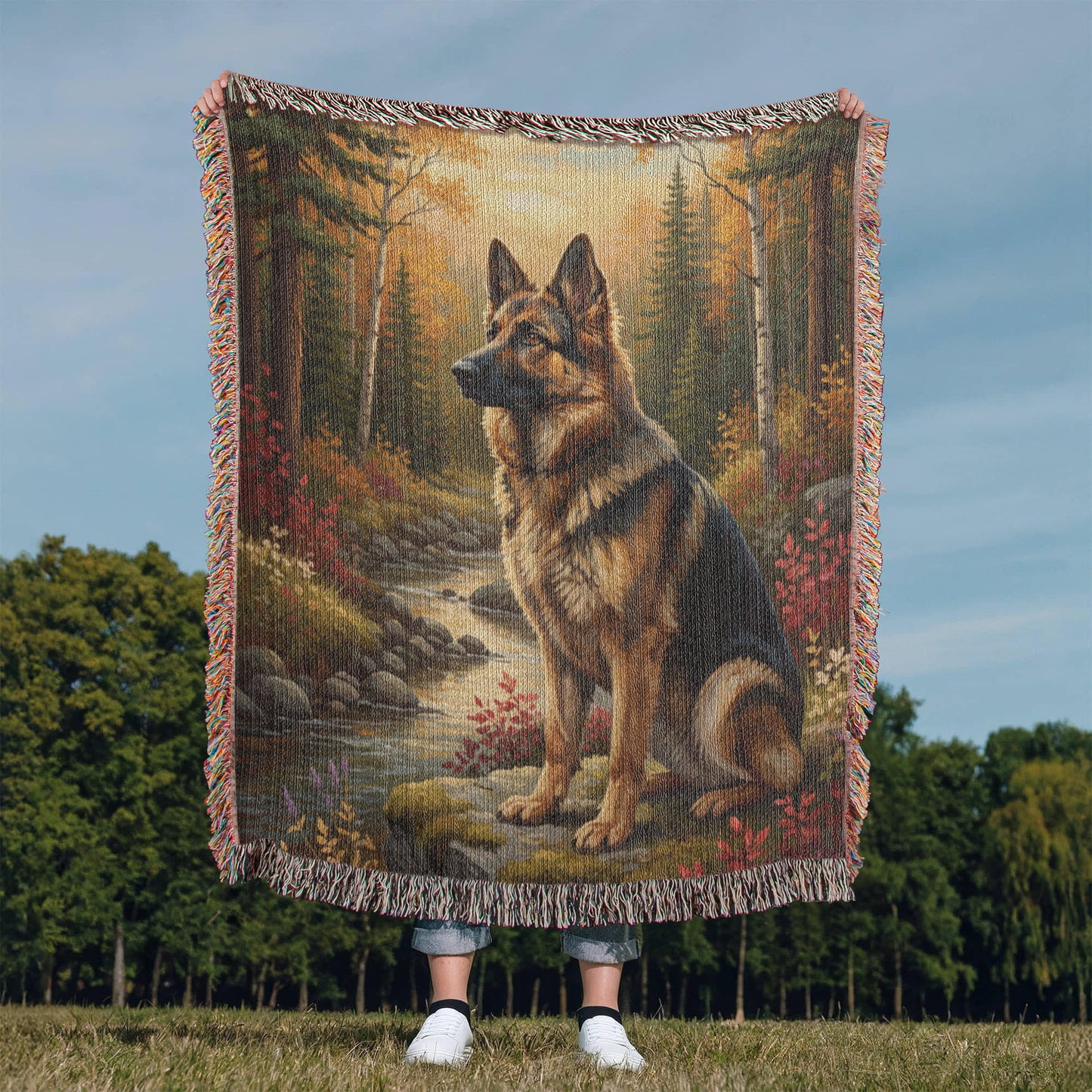 German Shepherd by the Creek – Woven Cotton Wilderness Blanket Pet Lover Gifts