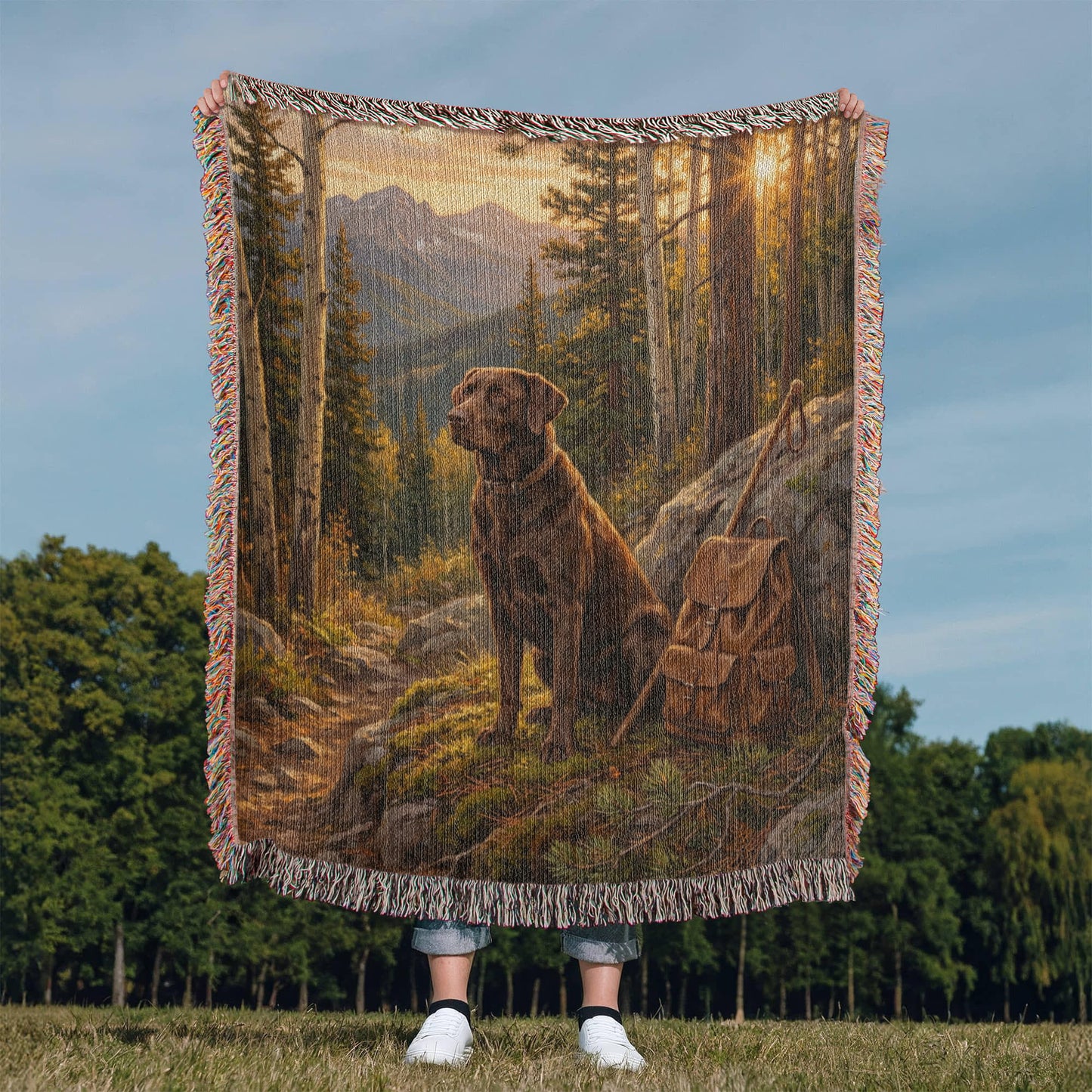 Chocolate Lab on Mountain Trail – Labrador Retriever Woven Cotton Adventure Blanket Pet Lovers Gift