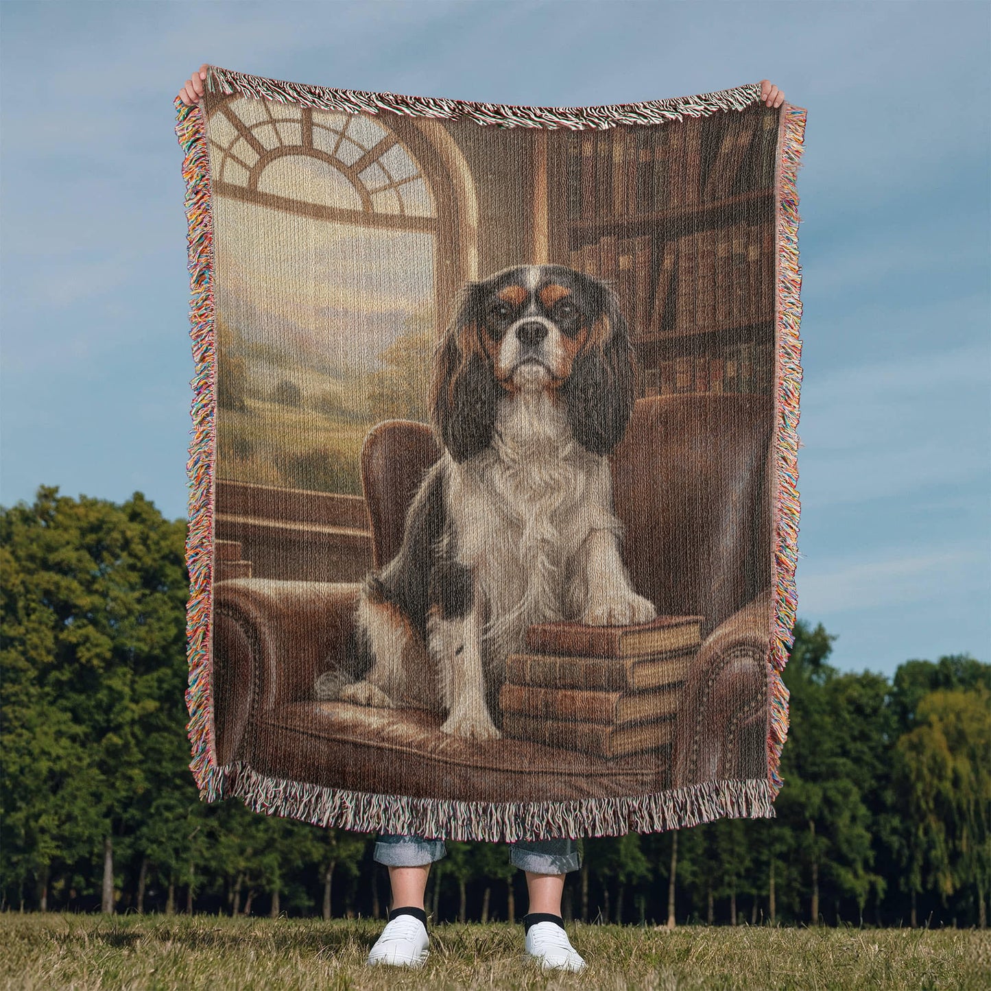 Cavalier in the Green Library Chair – Woven Cotton Heritage Blanket Pet Lovers Gift