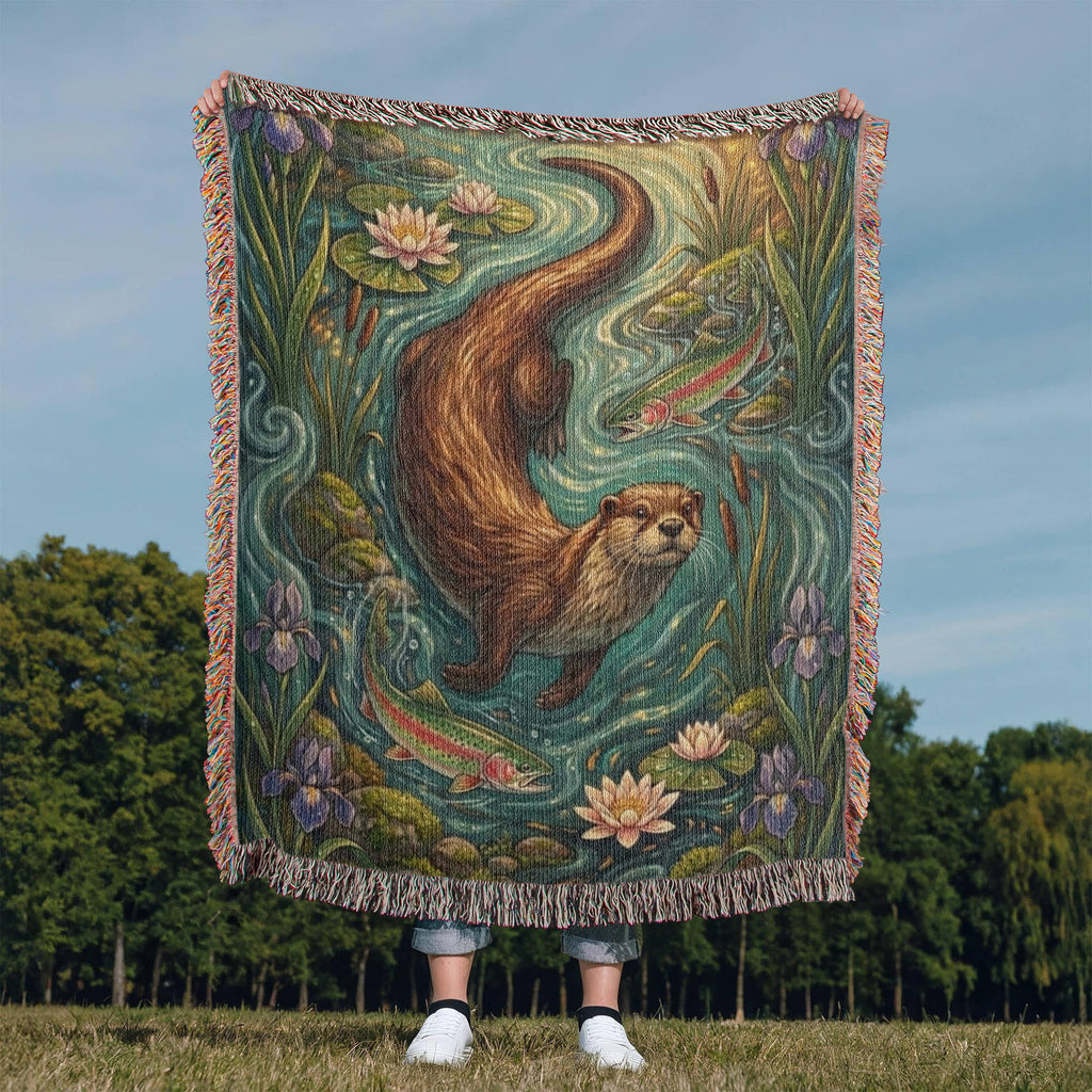 The Riverbank Guardian Woven Throw | Art Nouveau Otter & Trout Tapestry Blanket