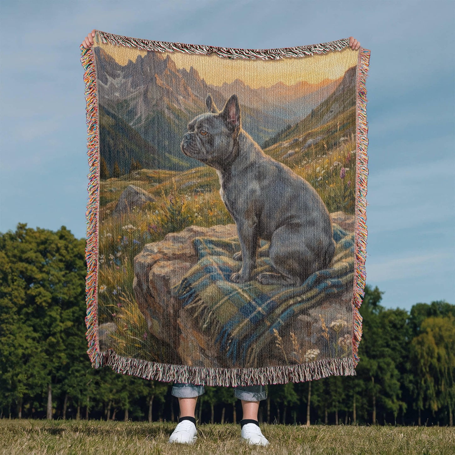 French Bulldog at Alpine Sunrise – Woven Cotton Mountain Blanket Pet Lover Gift