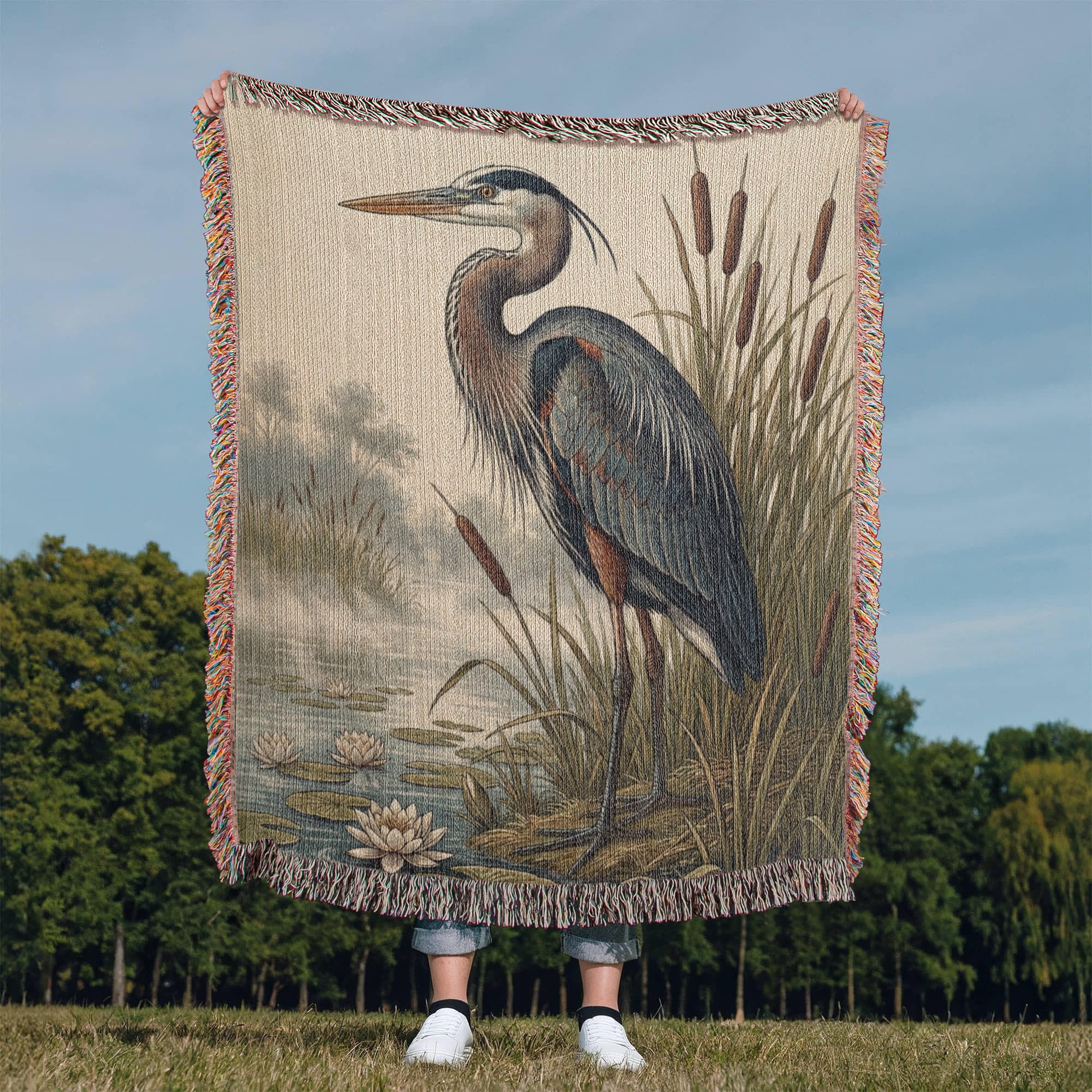 The Great Blue Heron Woven Tapestry | Custom Lake & State Edition