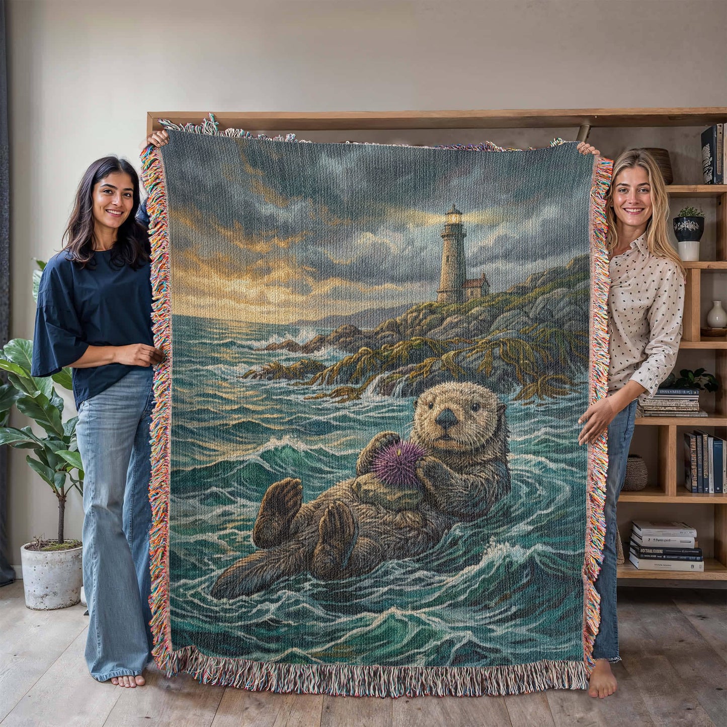 Floating Sea Otter & Lighthouse – Coastal Woven Cotton Blanket Wildlife and Nature Gifts