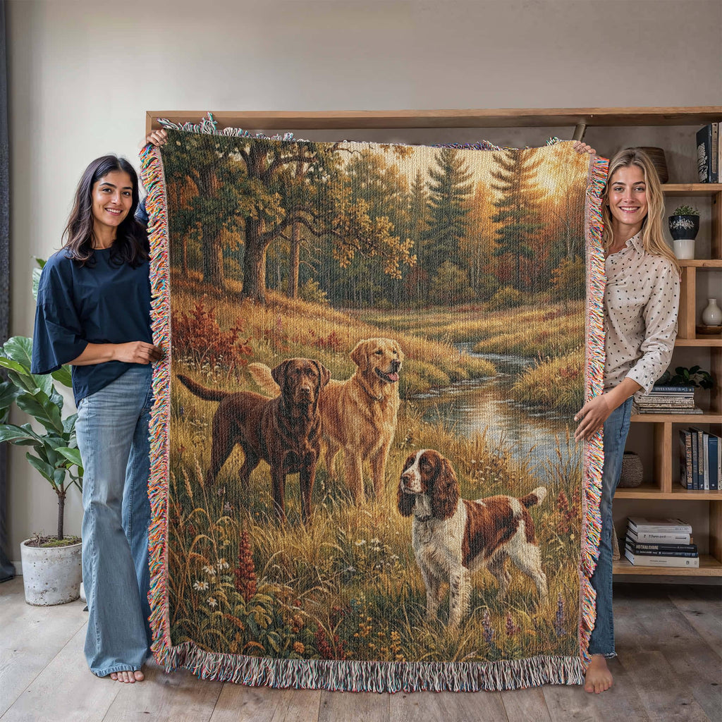 Sporting Dogs at the Creek – Woven Cotton Fieldwork Blanket Nature and Pet Lover Gifts