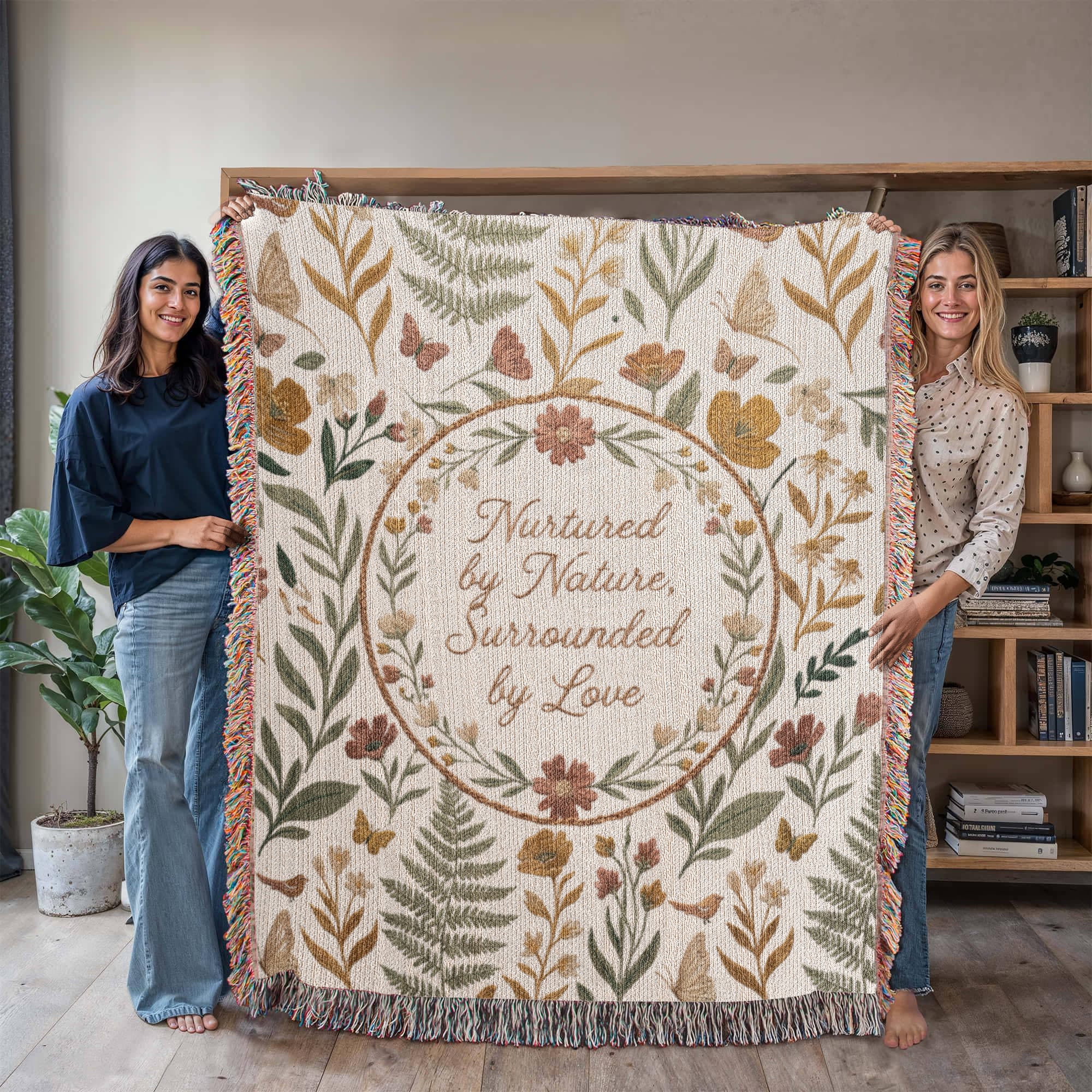 Botanical Wreath Woven Cotton Blanket – “Nurtured by Nature” Floral Throw Gift