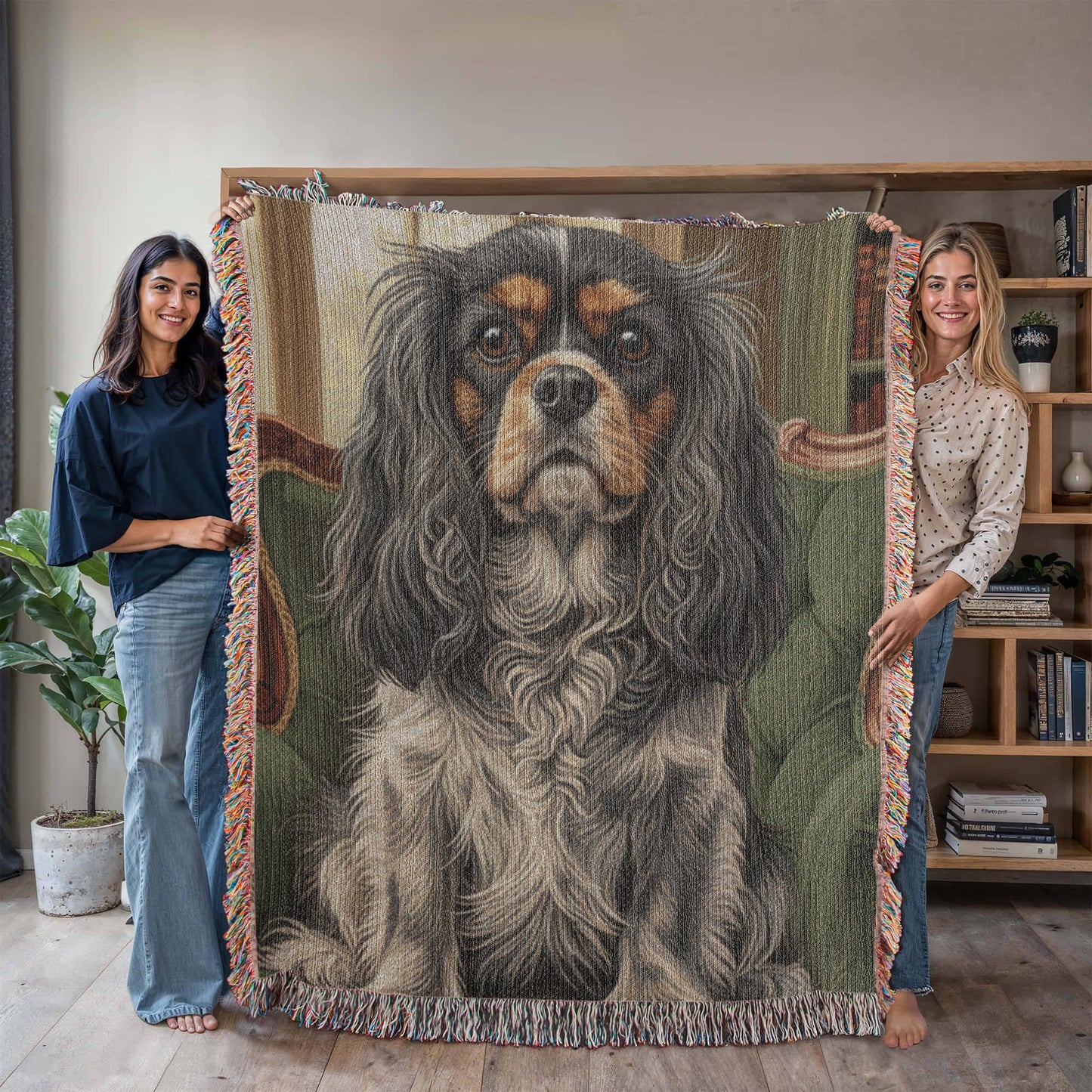 Cavalier in the Green Library Chair – Woven Cotton Heritage Blanket Pet Lovers Gift