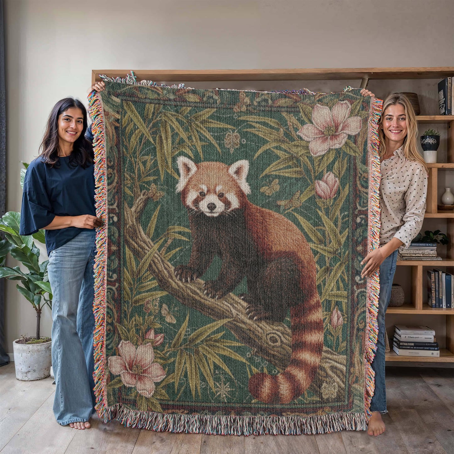 Red Panda in Bamboo Garden – Woven Cotton Woodland Throw  Blanket Tapestry