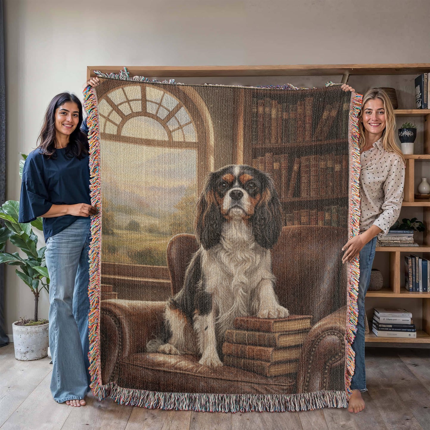 Cavalier in the Green Library Chair – Woven Cotton Heritage Blanket Pet Lovers Gift
