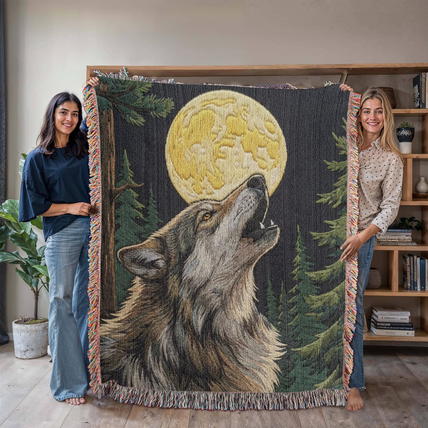 Howling Wolf Under Full Moon – Woven Cotton Blanket Wildlife and Nature Gifts