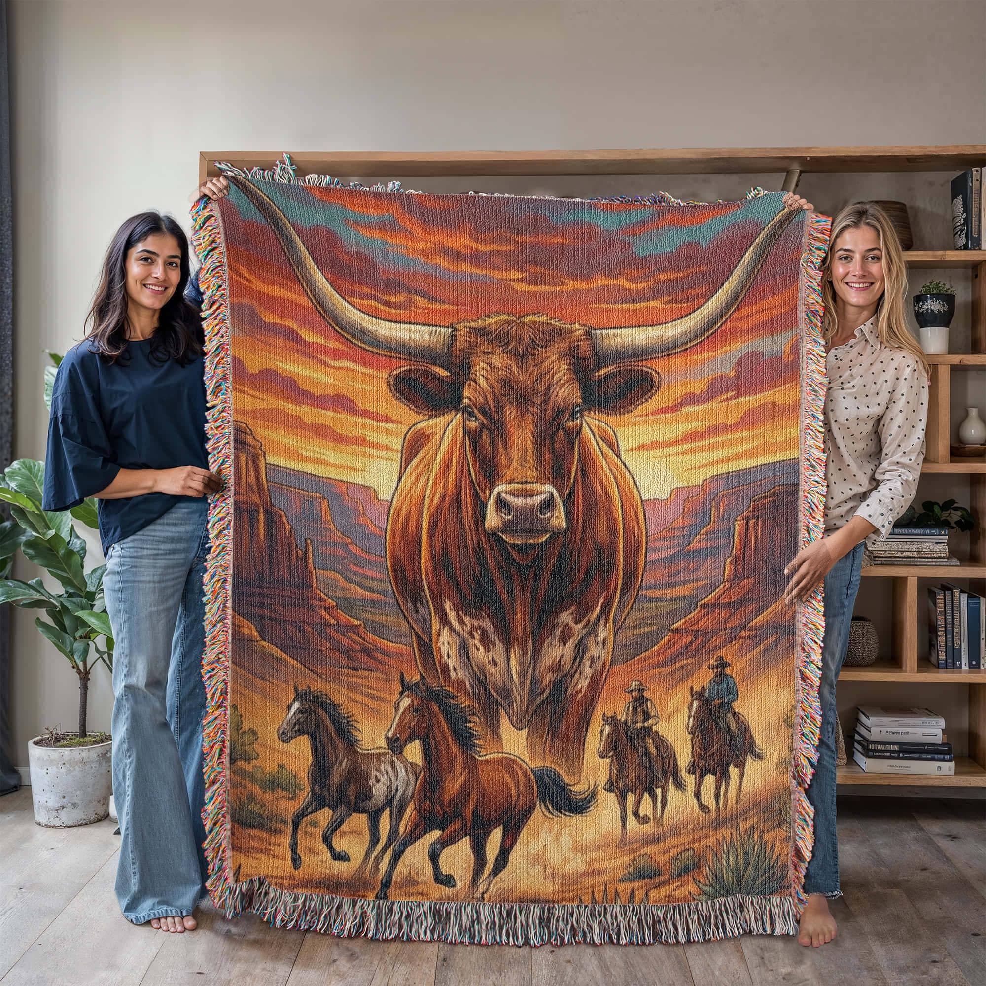 Majestic Longhorn Western Woven Blanket – Wild Horses & Cowboy Canyon Art Throw, Rustic Southwest Home Décor