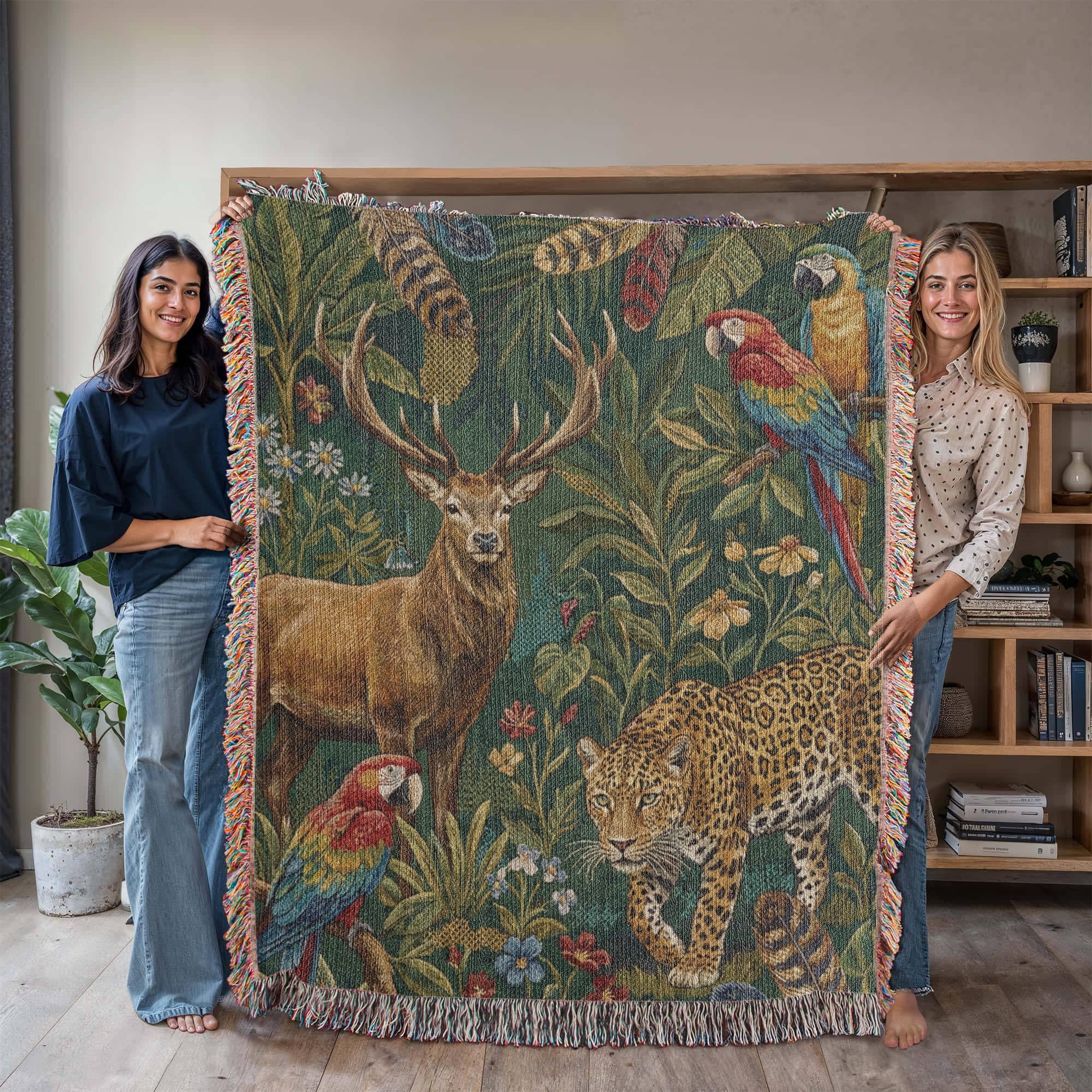 Woven Tapestry Throw Blanket – "The Global Wild" – Luxury Jacquard Wildlife Design (Stag, Jaguar, Macaw) – Cotton Fringe Sofa Throw, Bedspread & Wall Art