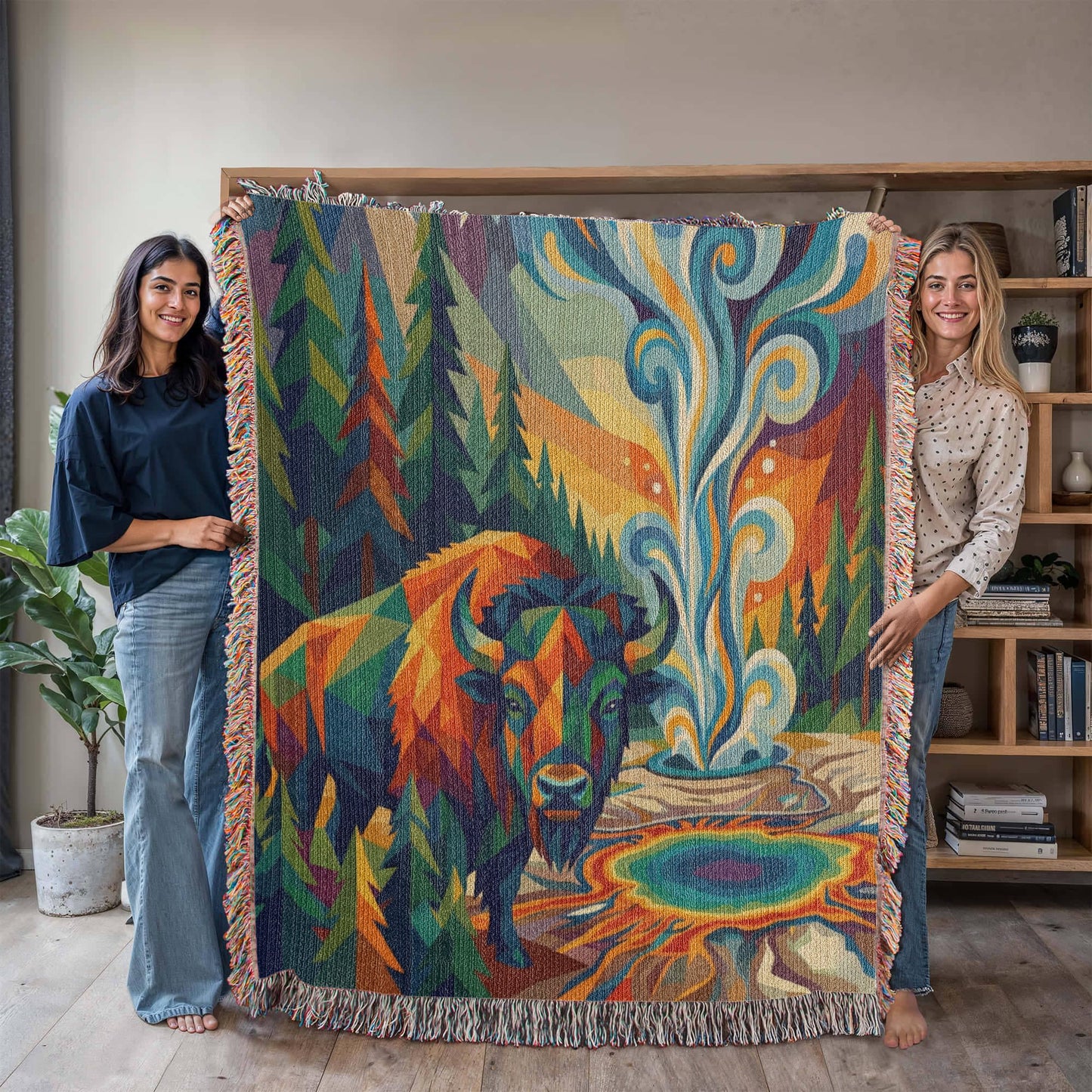 Yellowstone Bison – Geometric Woven Cotton Blanket Wildlife and Nature Gift