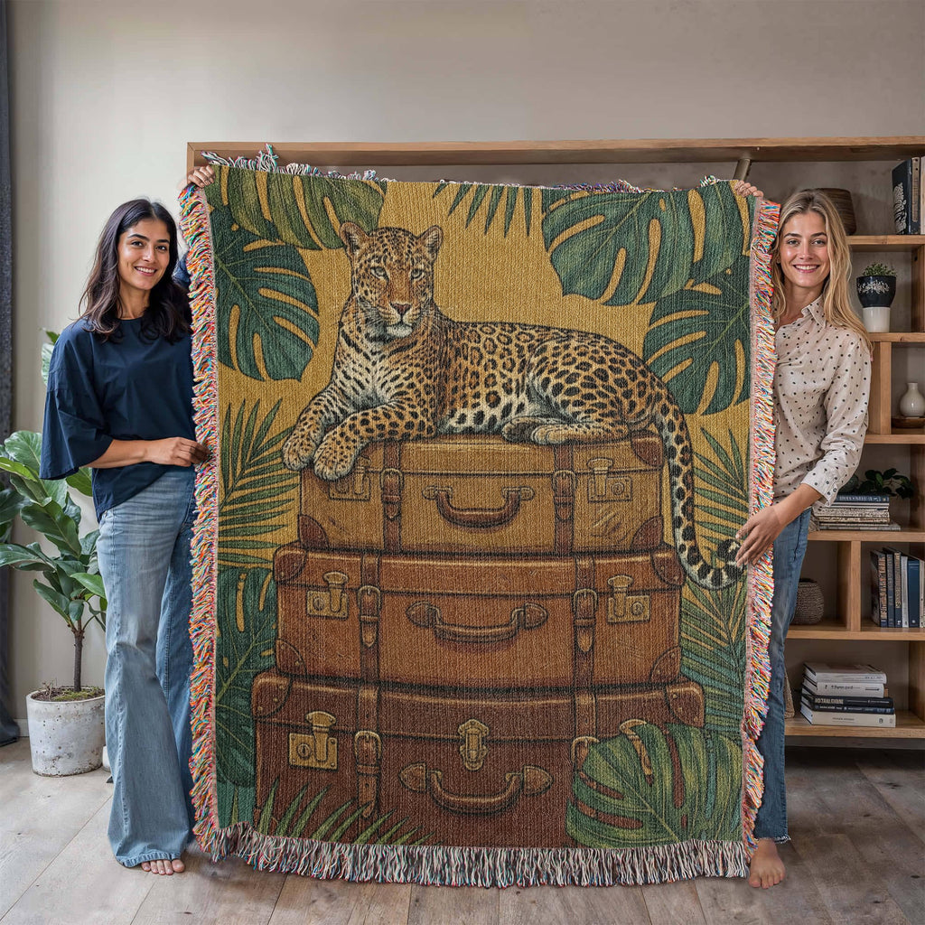 The Safari Stopover – Woven Tapestry Throw & Wall Art | Majestic Jaguar on Vintage Leather Trunks | Luxury Maximalist Jungle Decor