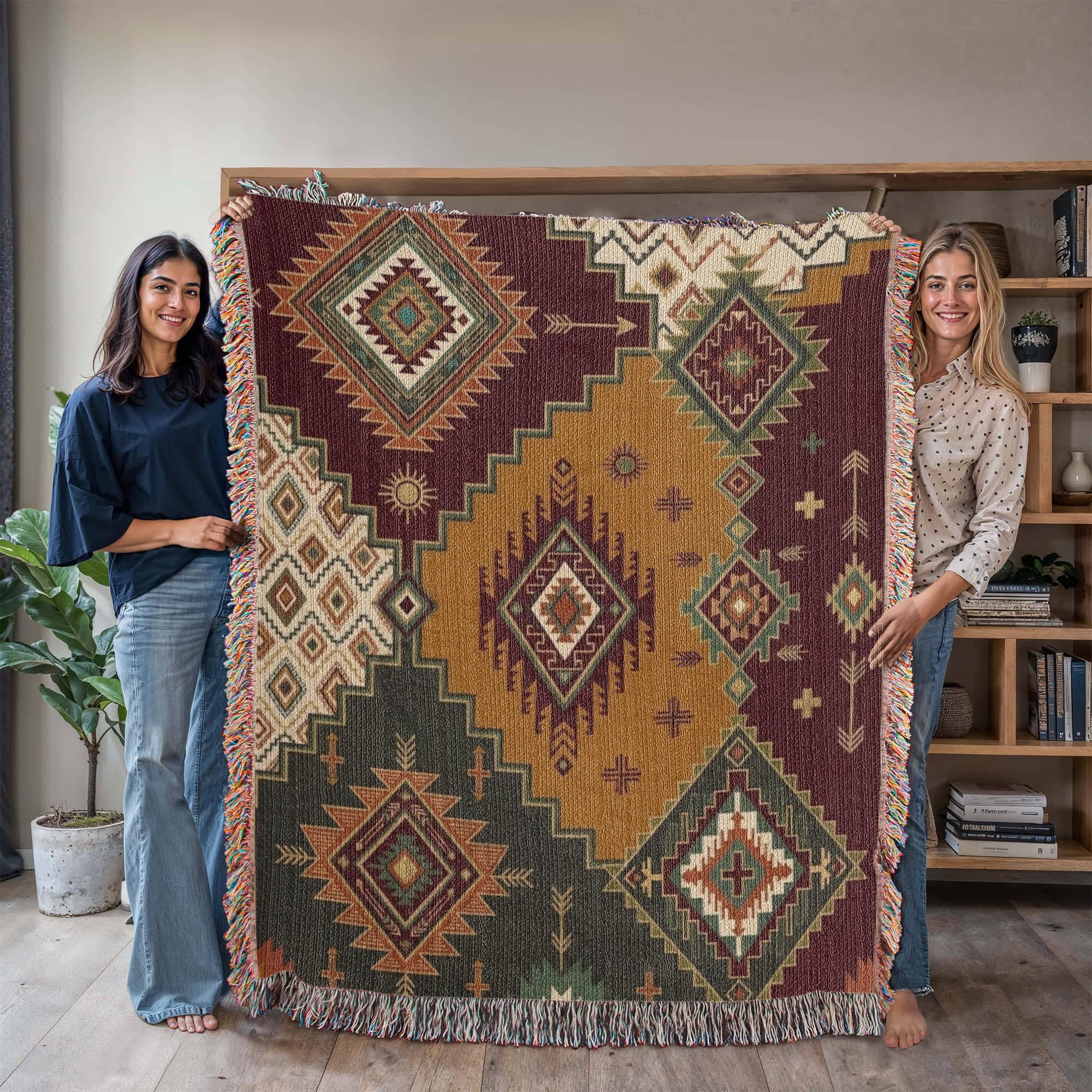 The Canyon Patchwork Woven Throw | Southwestern Kilim Geometric Blanket | Mustard, Rust & Olive | Boho Home Decor