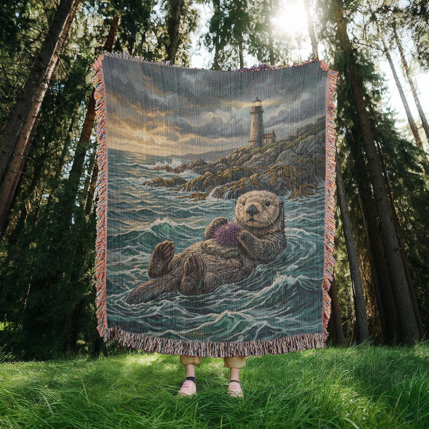 Floating Sea Otter & Lighthouse – Coastal Woven Cotton Blanket Wildlife and Nature Gifts
