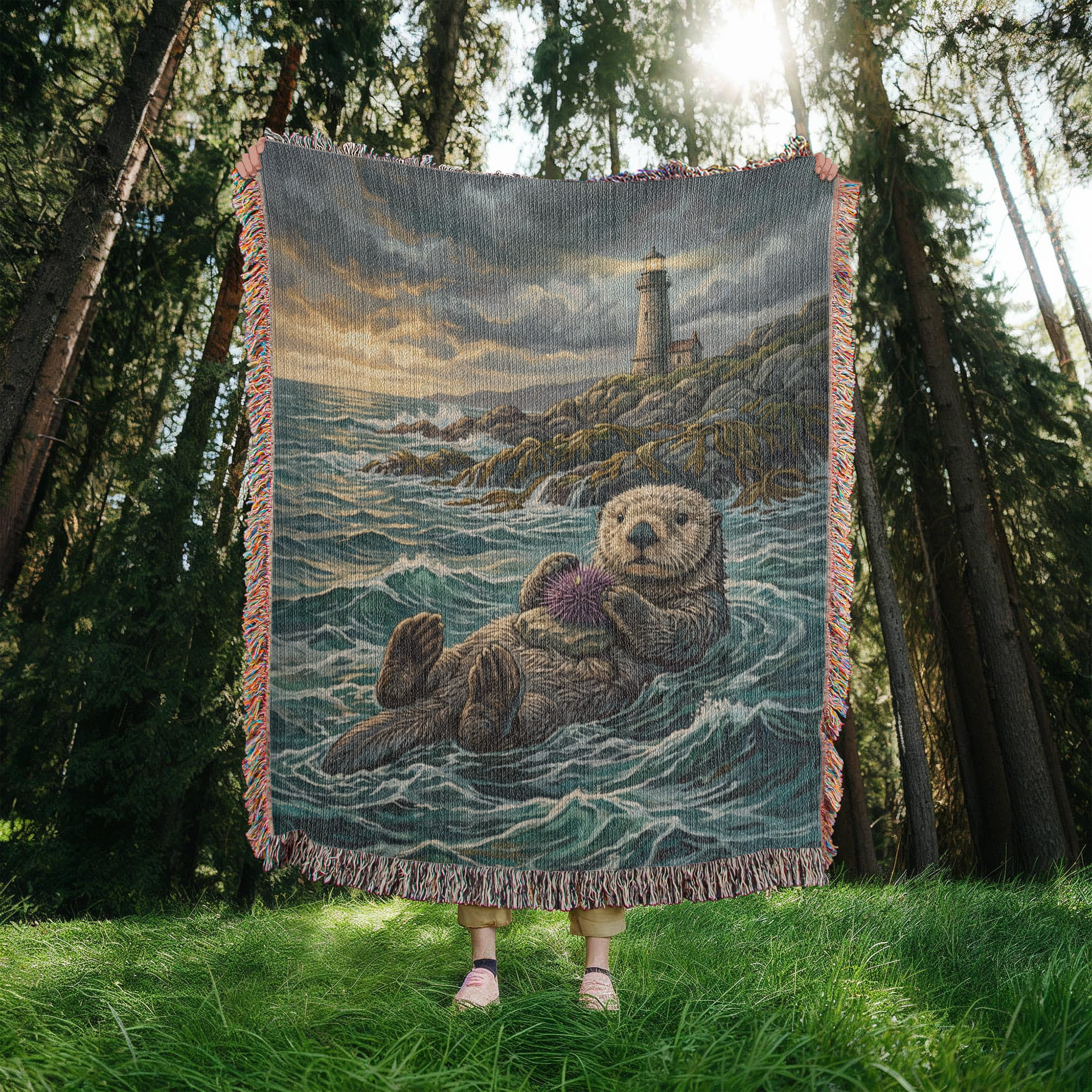 Floating Sea Otter & Lighthouse – Coastal Woven Cotton Blanket Wildlife and Nature Gifts