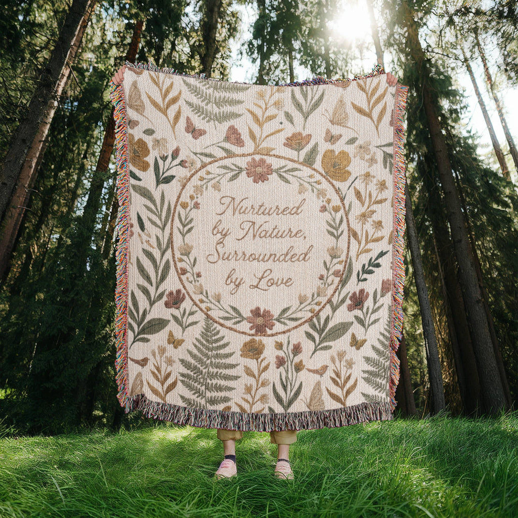 Botanical Wreath Woven Cotton Blanket – “Nurtured by Nature” Floral Throw Gift