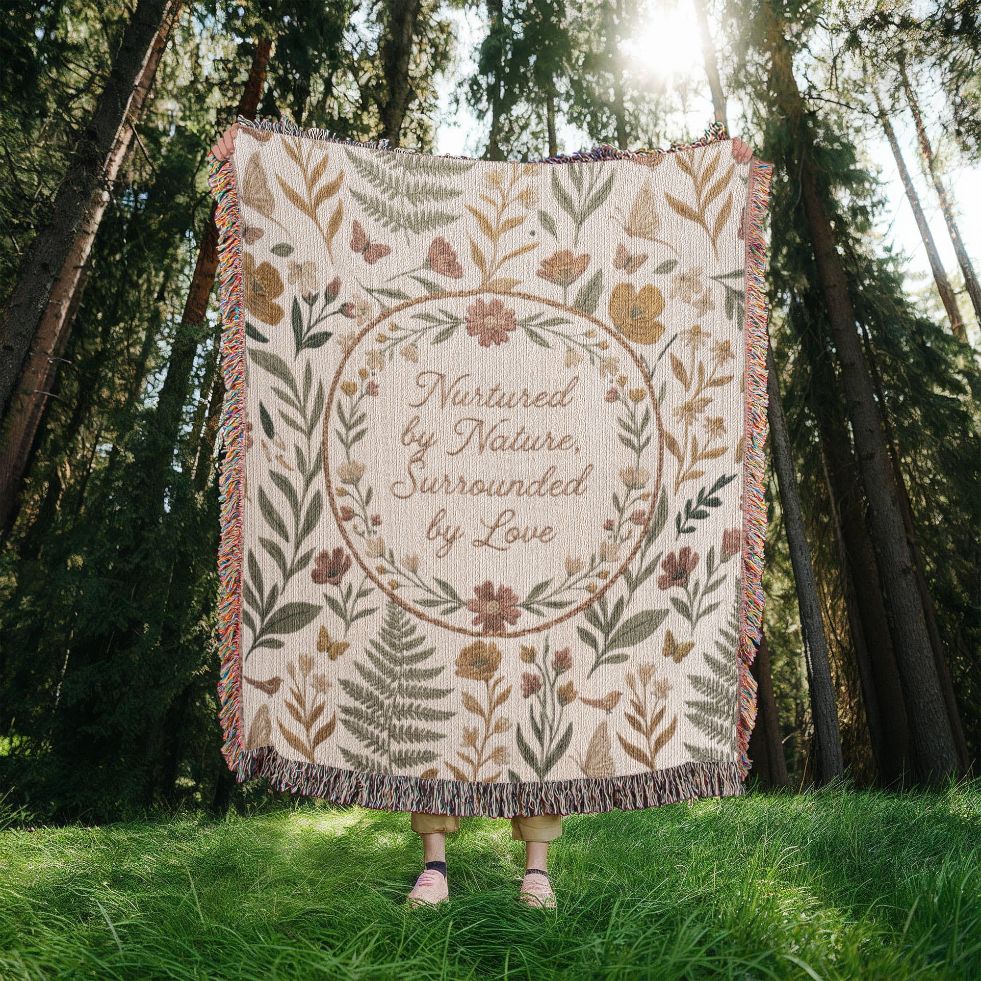 Botanical Wreath Woven Cotton Blanket – “Nurtured by Nature” Floral Throw Gift