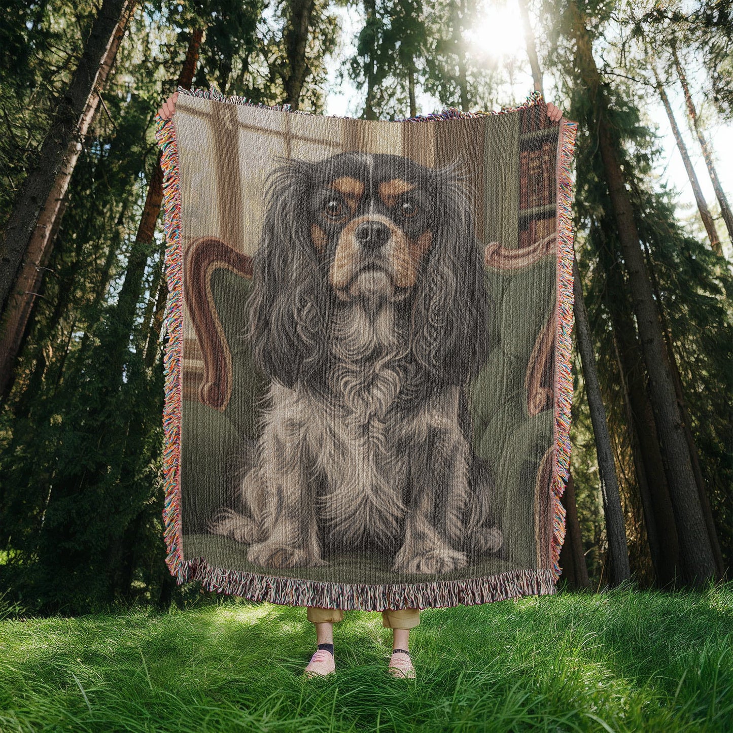 Cavalier in the Green Library Chair – Woven Cotton Heritage Blanket Pet Lovers Gift