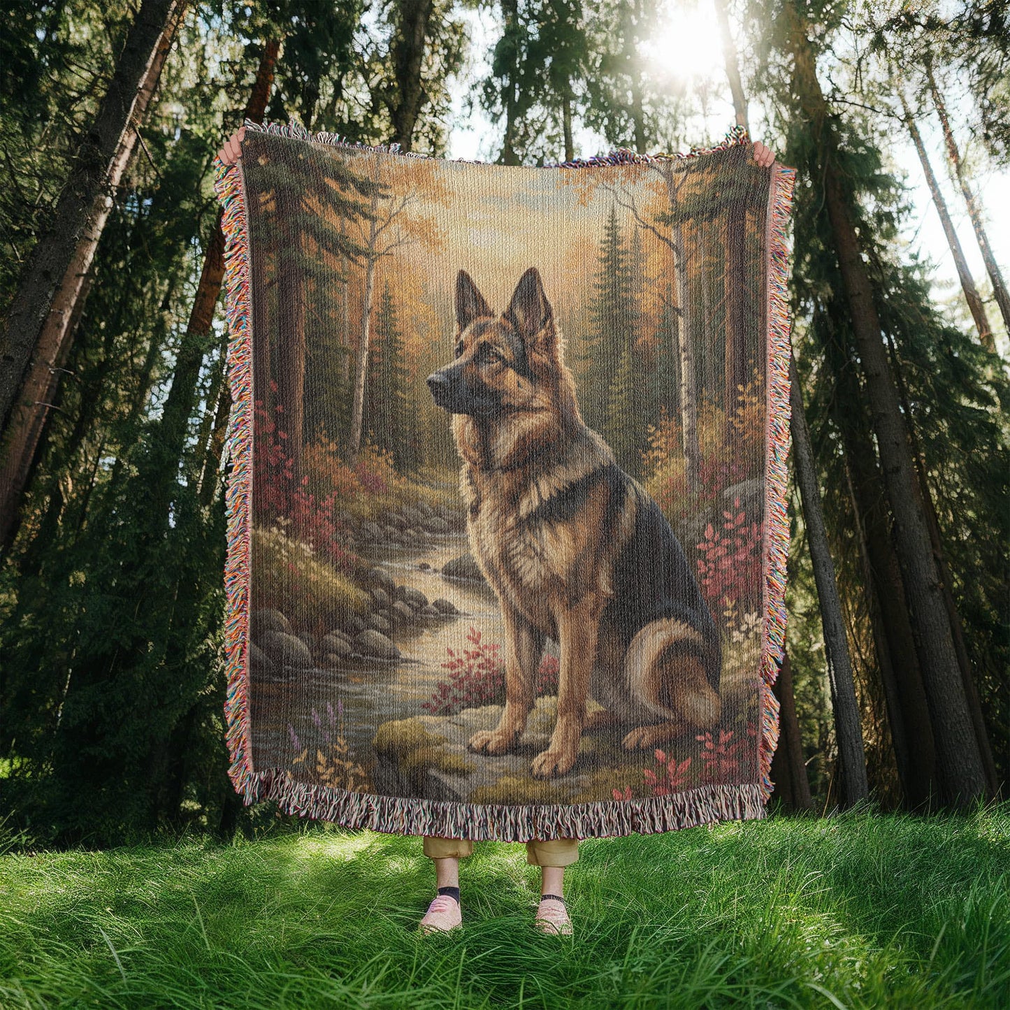 German Shepherd by the Creek – Woven Cotton Wilderness Blanket Pet Lover Gifts