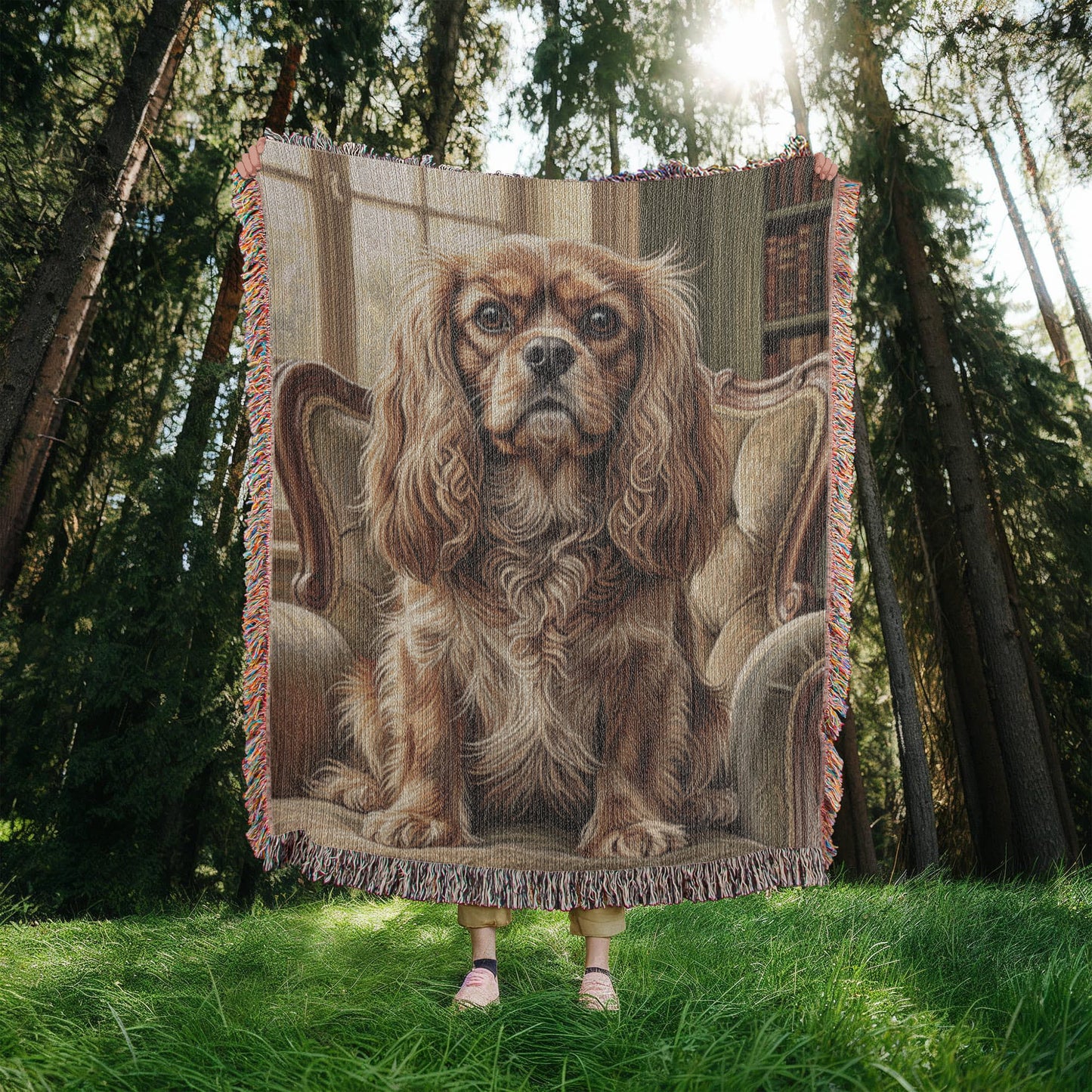 Cavalier in the Old Library – Woven Cotton Heritage Blanket Pet Lover Gifts