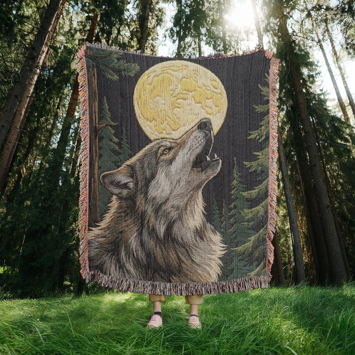 Howling Wolf Under Full Moon – Woven Cotton Blanket Wildlife and Nature Gifts