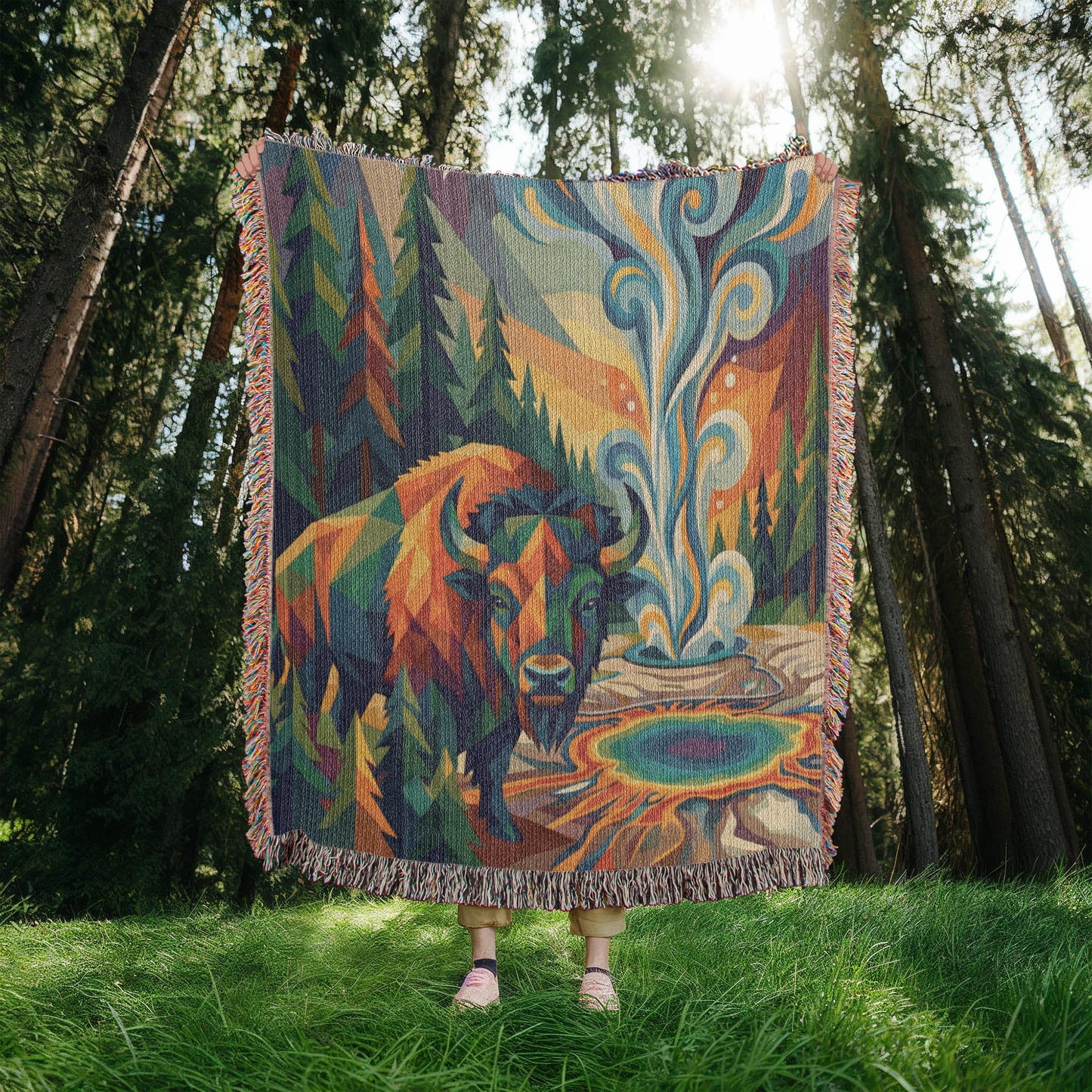 Yellowstone Bison – Geometric Woven Cotton Blanket Wildlife and Nature Gift