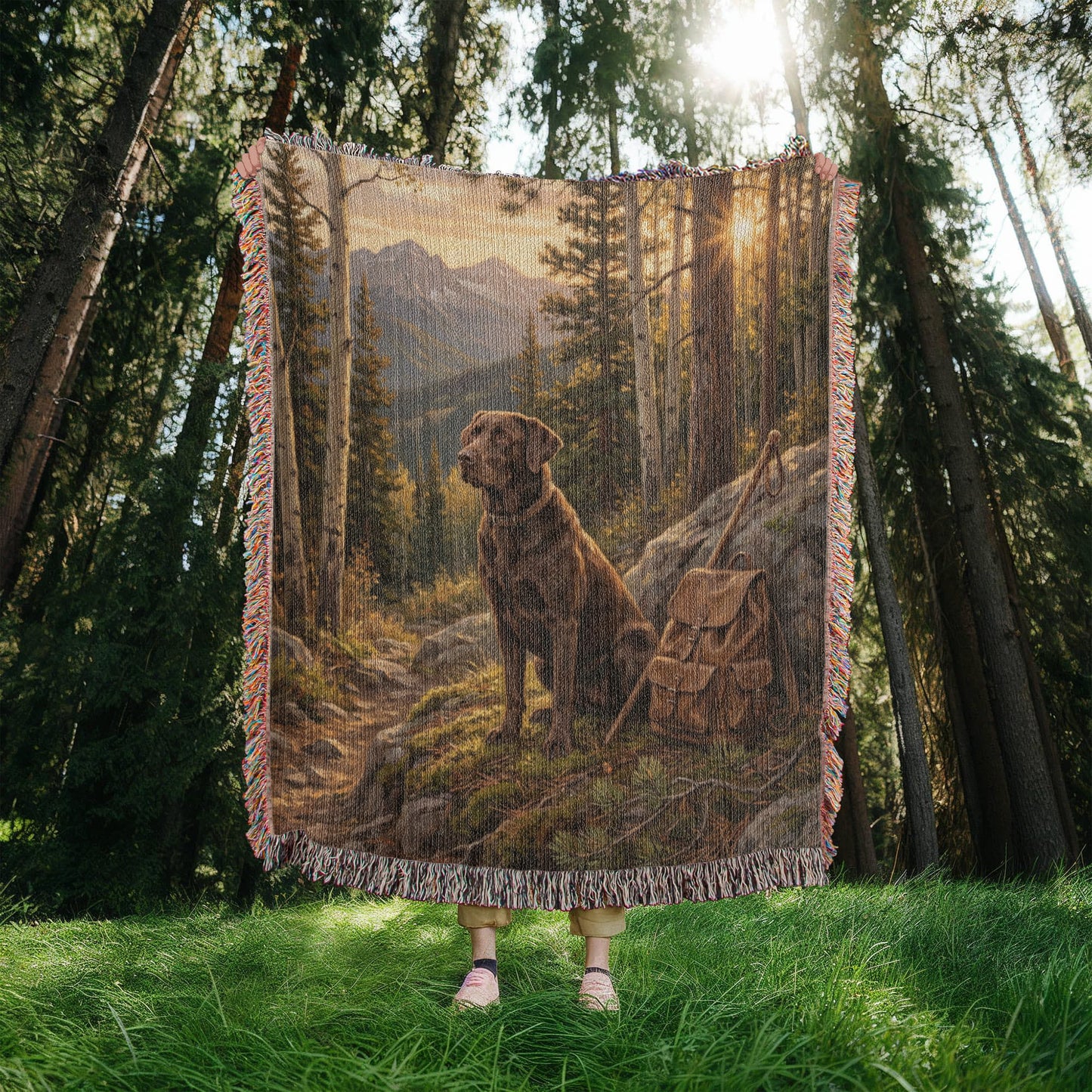 Chocolate Lab on Mountain Trail – Labrador Retriever Woven Cotton Adventure Blanket Pet Lovers Gift