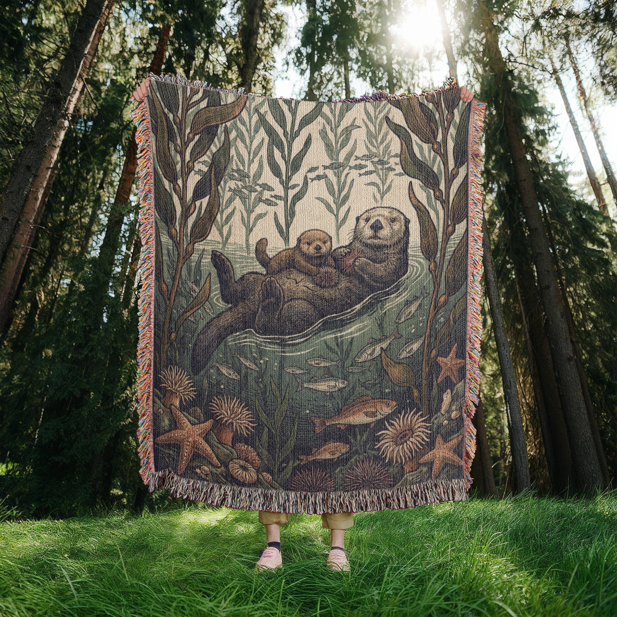 Sea Otter & Kelp Forest Woven Tapestry Throw | Vintage Style Cotton Blanket