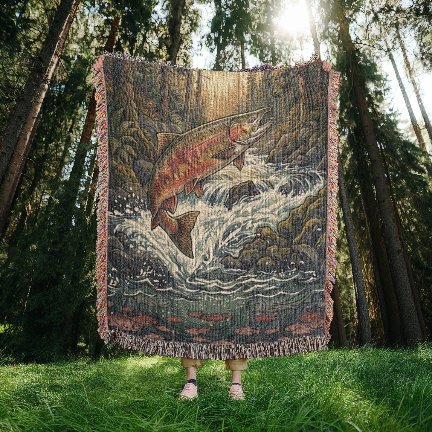 "The River King" – Woven Tapestry Throw & Wall Art | Leaping Rainbow Trout | Luxury Fly Fishing & Cabin Decor