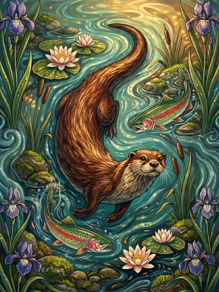The Riverbank Guardian Woven Throw | Art Nouveau Otter & Trout Tapestry Blanket