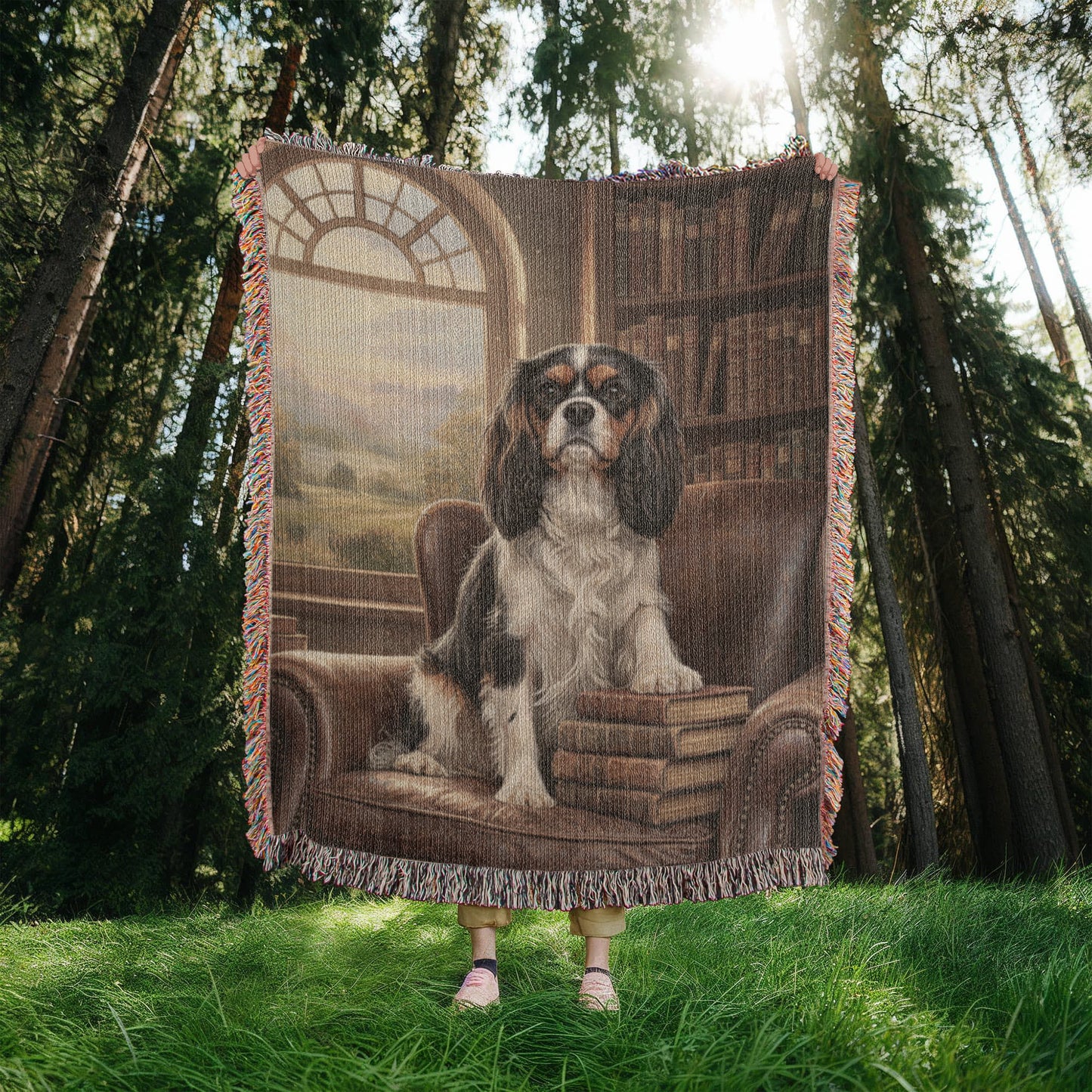 Cavalier in the Green Library Chair – Woven Cotton Heritage Blanket Pet Lovers Gift