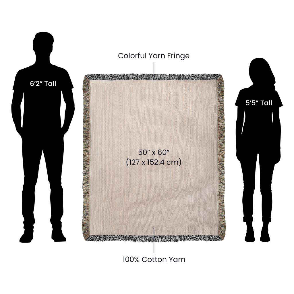 Wild Trout woven throw size chart — 50 inch by 60 inch with silhouette scale reference, 100% cotton


