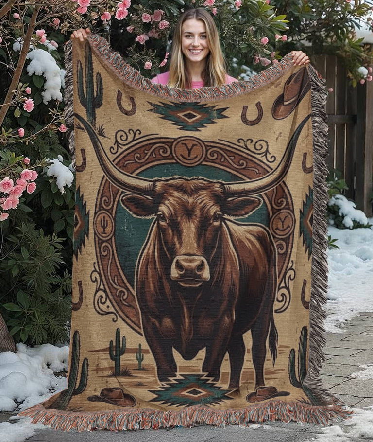 Longhorn Frontier Emblem – Woven Cotton Western Heritage Blanket Western Gifts