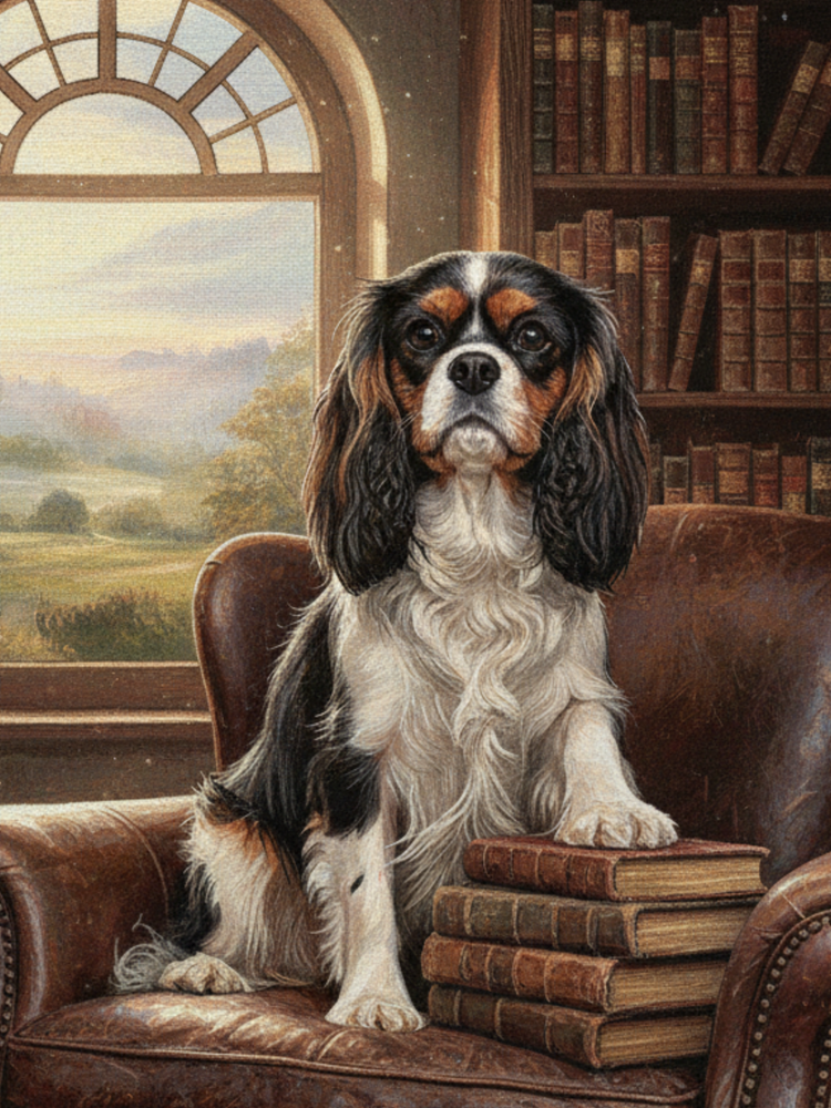 Cavalier in the Green Library Chair – Woven Cotton Heritage Blanket Pet Lovers Gift