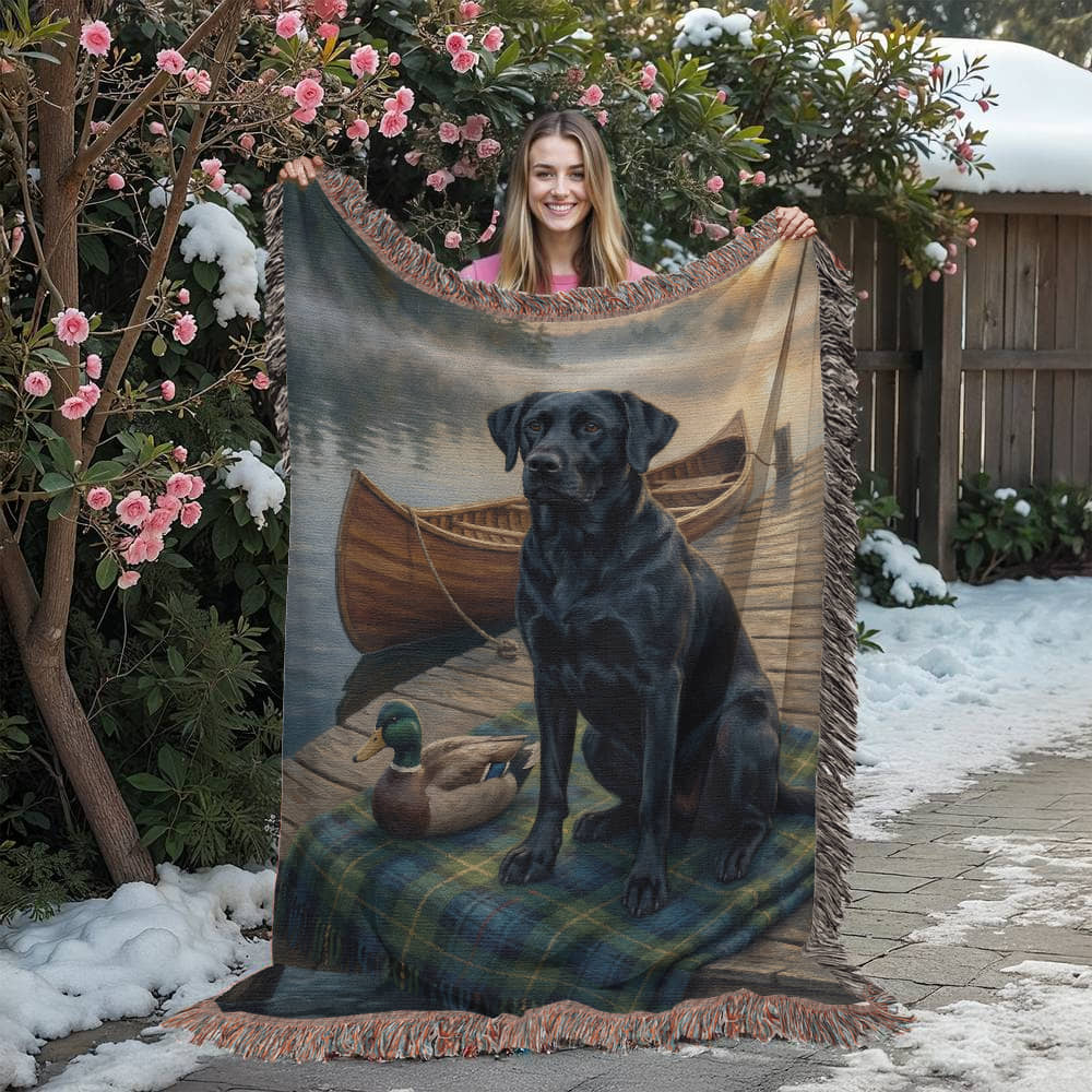 Black Lab by the Dock –  Labrador Retrievers Woven Cotton Heritage Blanket Pet Lovers Gift