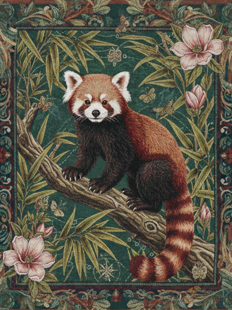 Red Panda in Bamboo Garden – Woven Cotton Woodland Throw  Blanket Tapestry