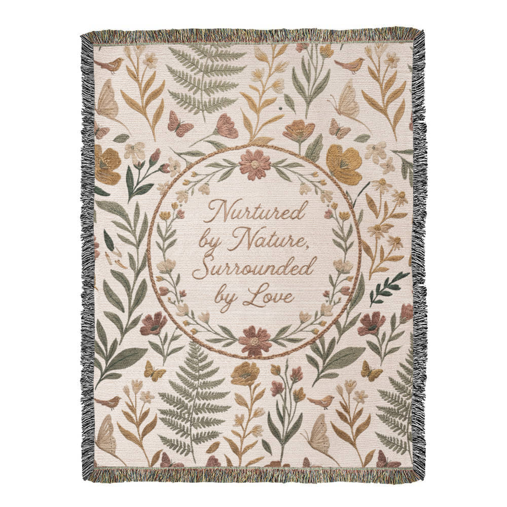 Botanical Wreath Woven Cotton Blanket – “Nurtured by Nature” Floral Throw Gift