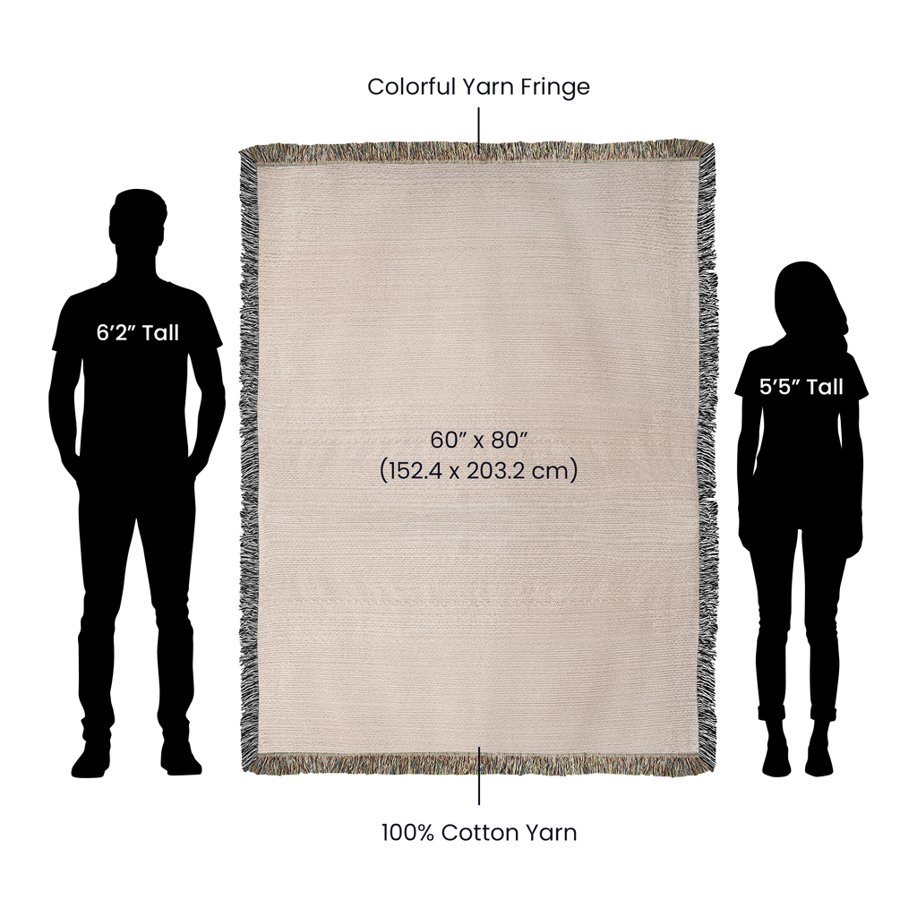 Wild Trout woven throw size chart — 60 inch by 80 inch with silhouette scale reference, 100% cotton


