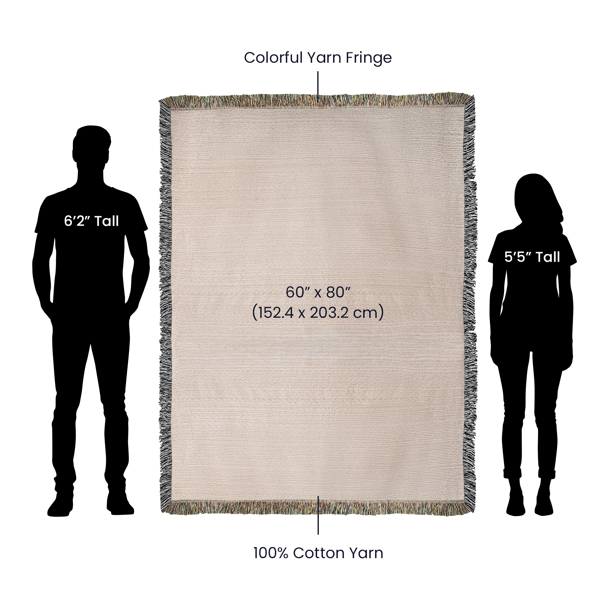 Wild Trout woven throw size chart — 60 inch by 80 inch with silhouette scale reference, 100% cotton


