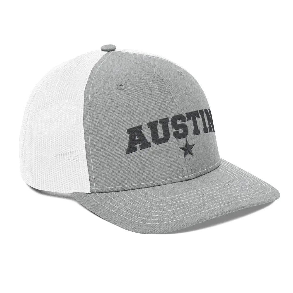Gray and white trucker hat with Austin Texas embroidered star design, Texas embroidered Richardson 112 cap