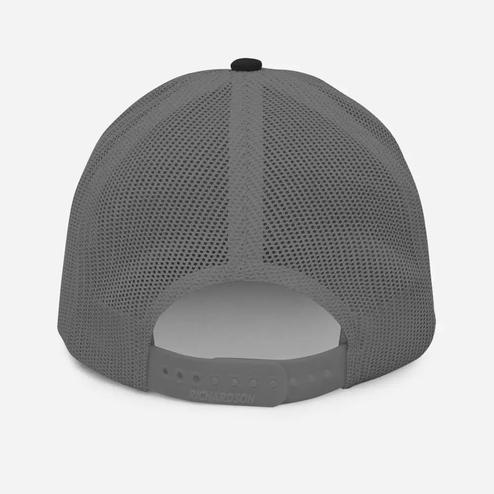 Gray trucker hat with black button and adjustable snap, Austin Texas embroidered design