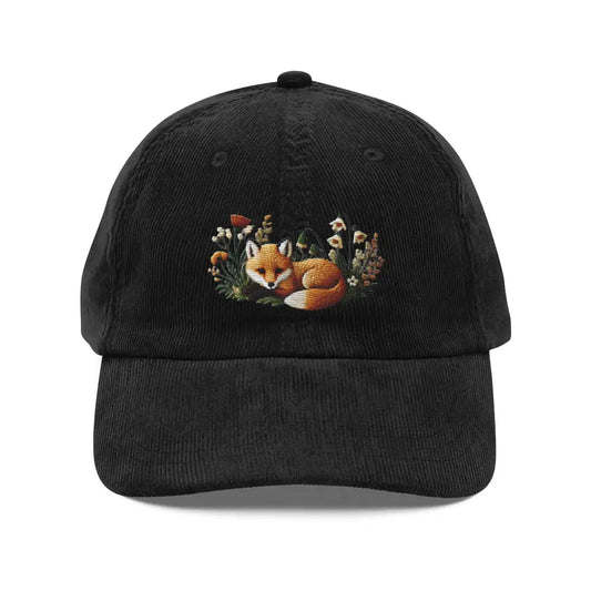 Baby Fox Embroidered Vintage Corduroy Cap - Black / Unisex / Adults - Hats black corduroy baseball cap embroidered 1