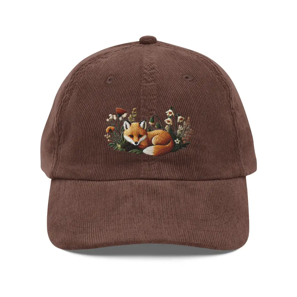 Baby fox embroidered vintage corduroy cap with sleeping fox and flowers